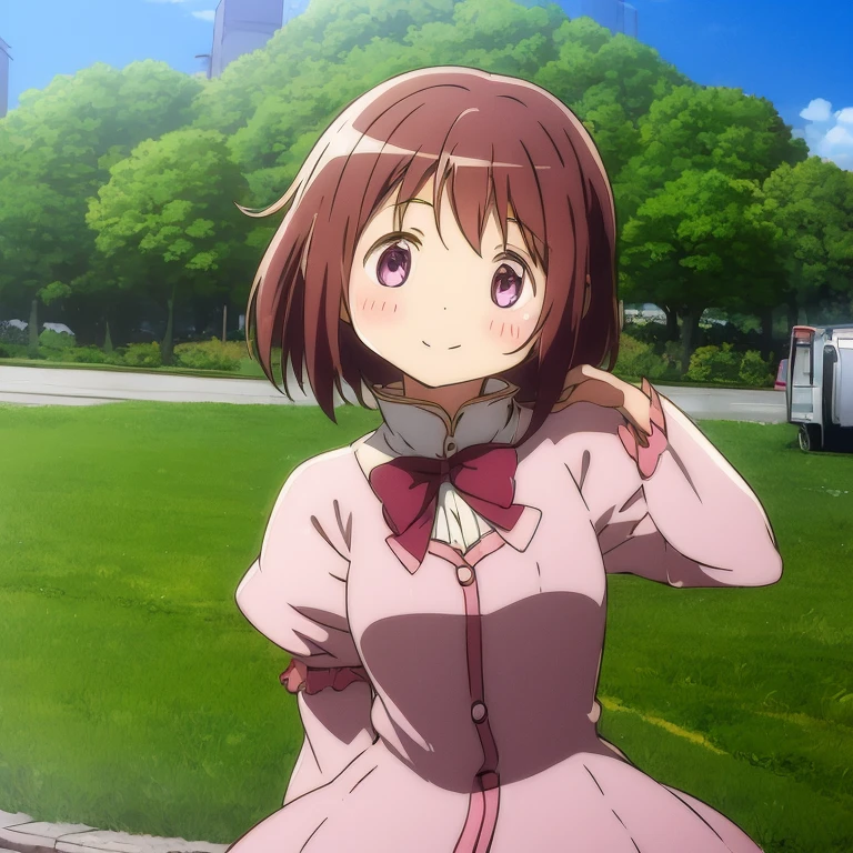 1girl, solo, madoka magica, madoka magica artstyle, brown hair, lavender eyes, scientist, cute scientist, blush, rosy cheeks, potions, potion in hand, smile, lavender colored gem on chest, gem on chest, magical girl