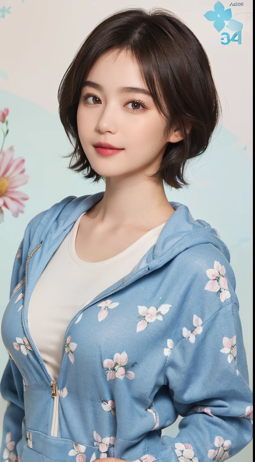 132
(a 20 yo woman,Wearing sportswear), (A hyper-realistic), (high-level image quality), ((beautiful hairstyle 46)), ((short-hair:1.46)), (Gentle smile), (breasted:1.46), (lipsticks), (Large room), (florals), (wearing hoodies)