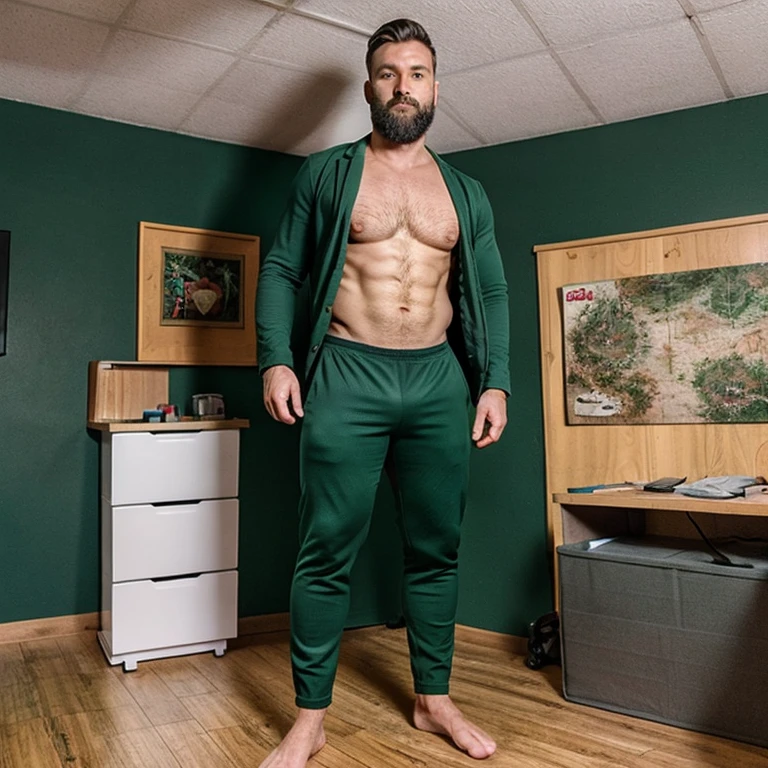 masculine, bearded 35 years old male doctor wearing a dark green suit and barefeet. He growing proportionally and looking huge standing in his studio next to a male patient. His feet are visible in the picture.