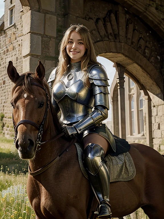 (Ultra best quality, 8k, masterpiece, delicate illustration, full body), sexy blonde knight princess, plump figure (armor dress 1.1), a triumphant smile, riding a horse in a meadow, a castle in the background, the woman is wearing a metal sword in his hand