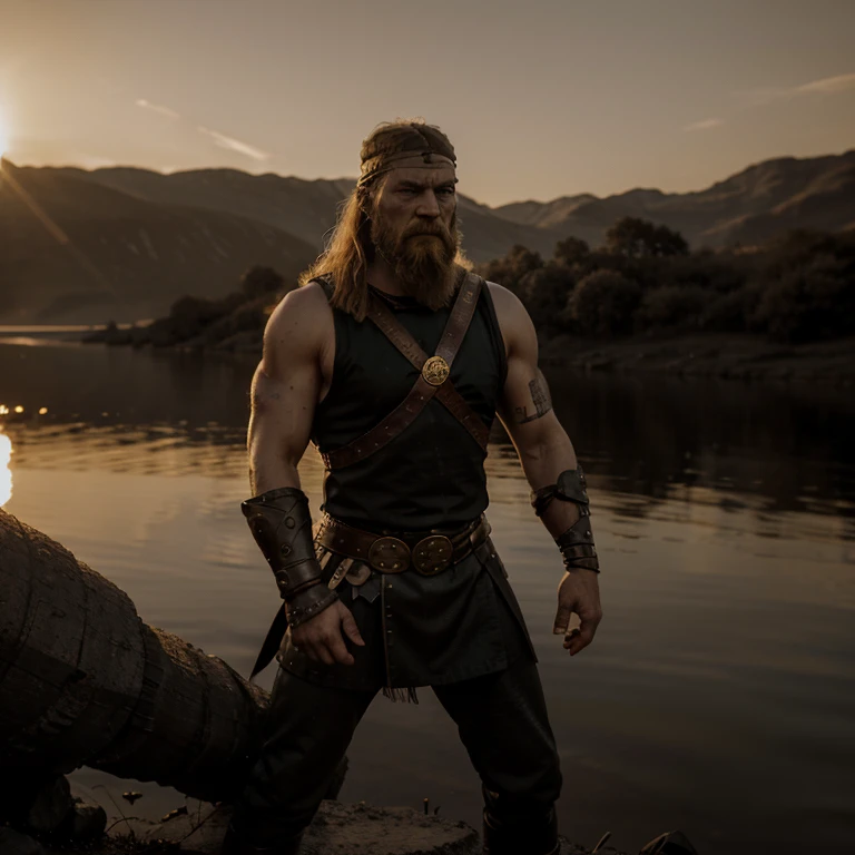 (a Viking warrior),(foreboding pose),(golden hour,riverside),(high contrast),(colorful),(claymation)