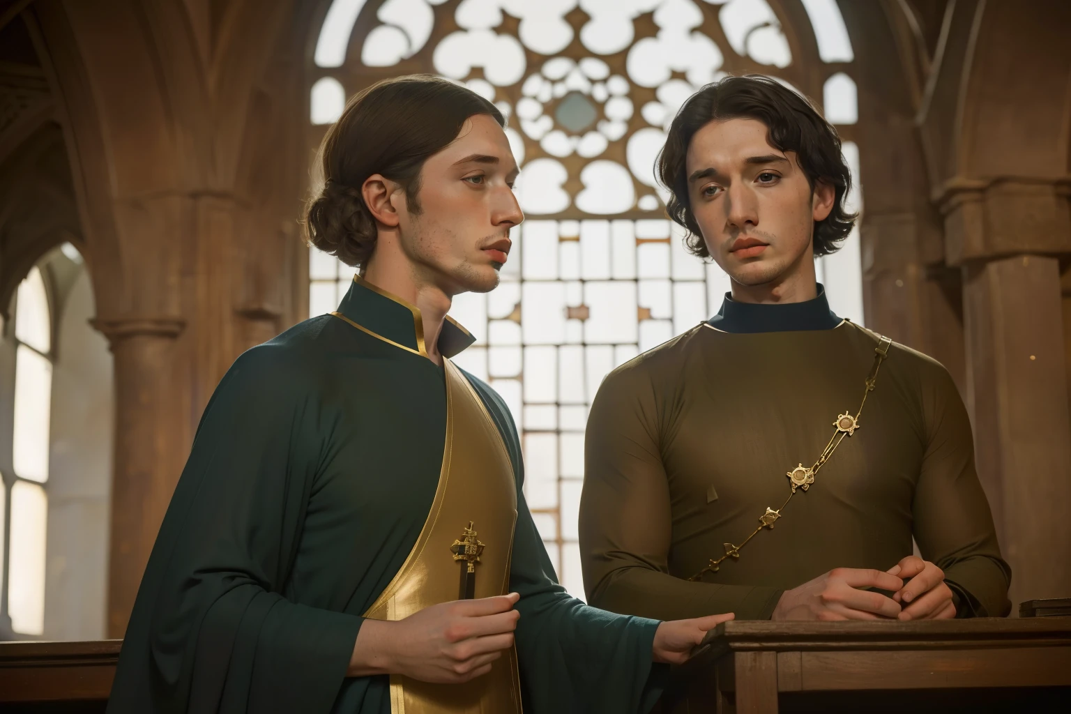 1136, Kingsbridge, England. otherworldly scene in a monastery, ((((27-year-old)) Richard Rankin)), with Adam Driver, monk, conspiring, secrecy, look of truimph, ((((poor plain tunic from the 12th century)))), ((Hairstyle of the 12th century)), ((Wes Anderson cinematic style)), colorful