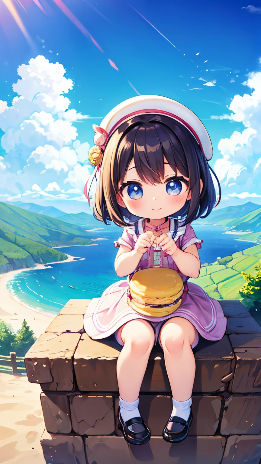 Faraway view、wide Shots、(masterpiece),(a little Girls , cute type)(children),chibi,She's riding on a magical macaron,in the sky,Happy look、细致背景、You can see the land of sweets far below.