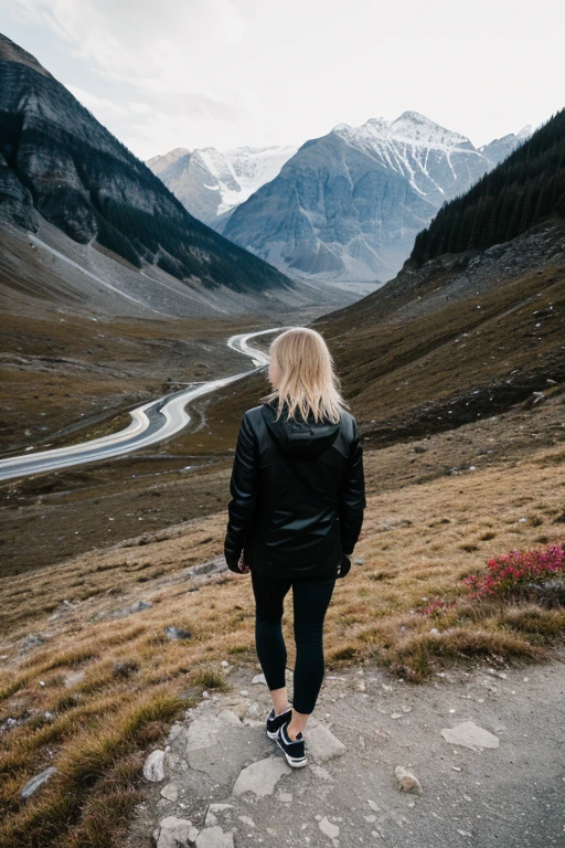 (high quality,4k,8k,highres,masterpiece:1.2), ultra-detailed, (realistic,photorealistic,photo-realistic:1.37), whole body, dark theme, super cute blond woman, man looking on her behind, vivid colors, mountain, sharp focus, emotionally intense, mysterious atmosphere modern wear mountain