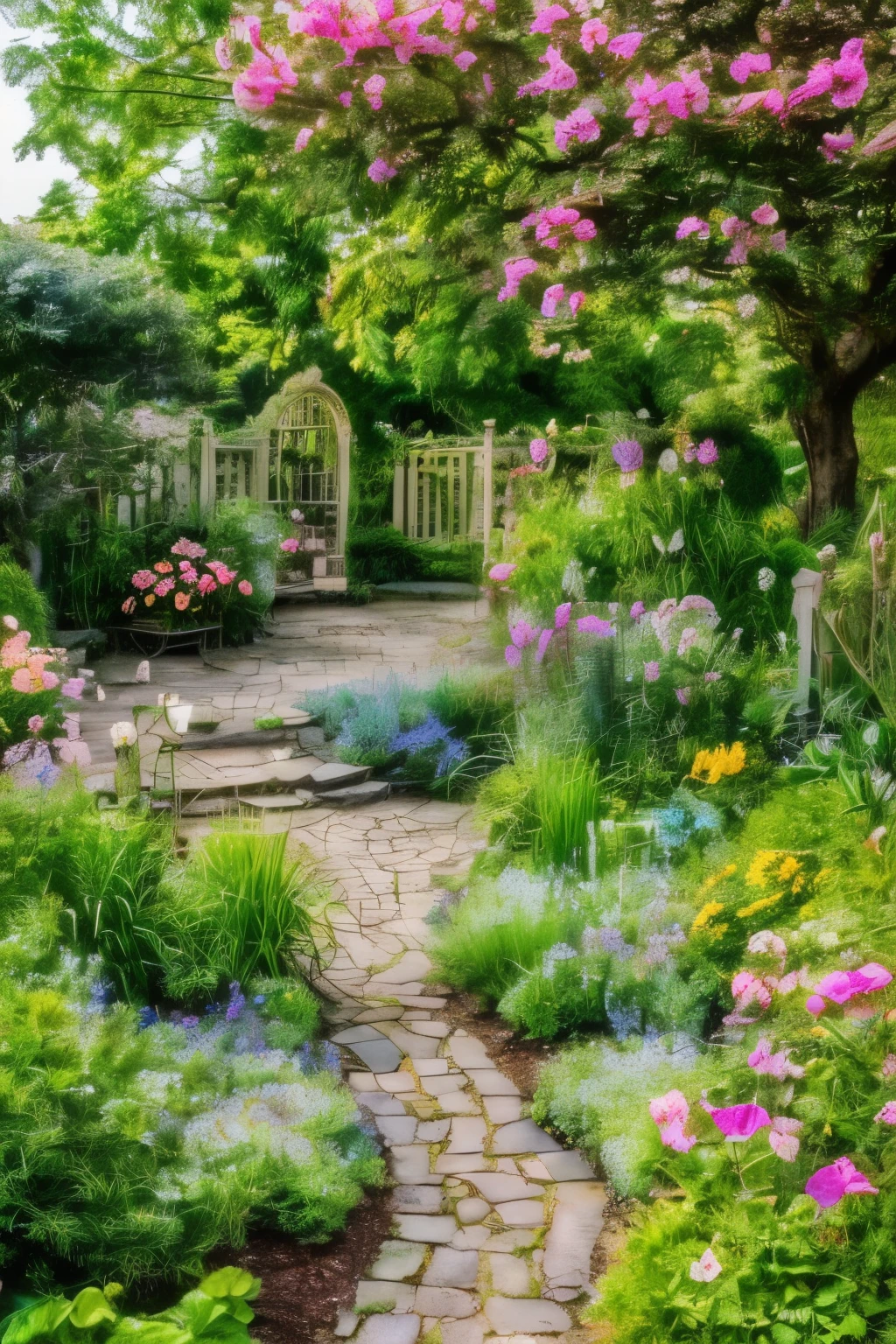 ((best quality, small victorian style garden, photorealistic, with flowers, plants, trees and some trees with fruits, it should look like real life photography generated image)),