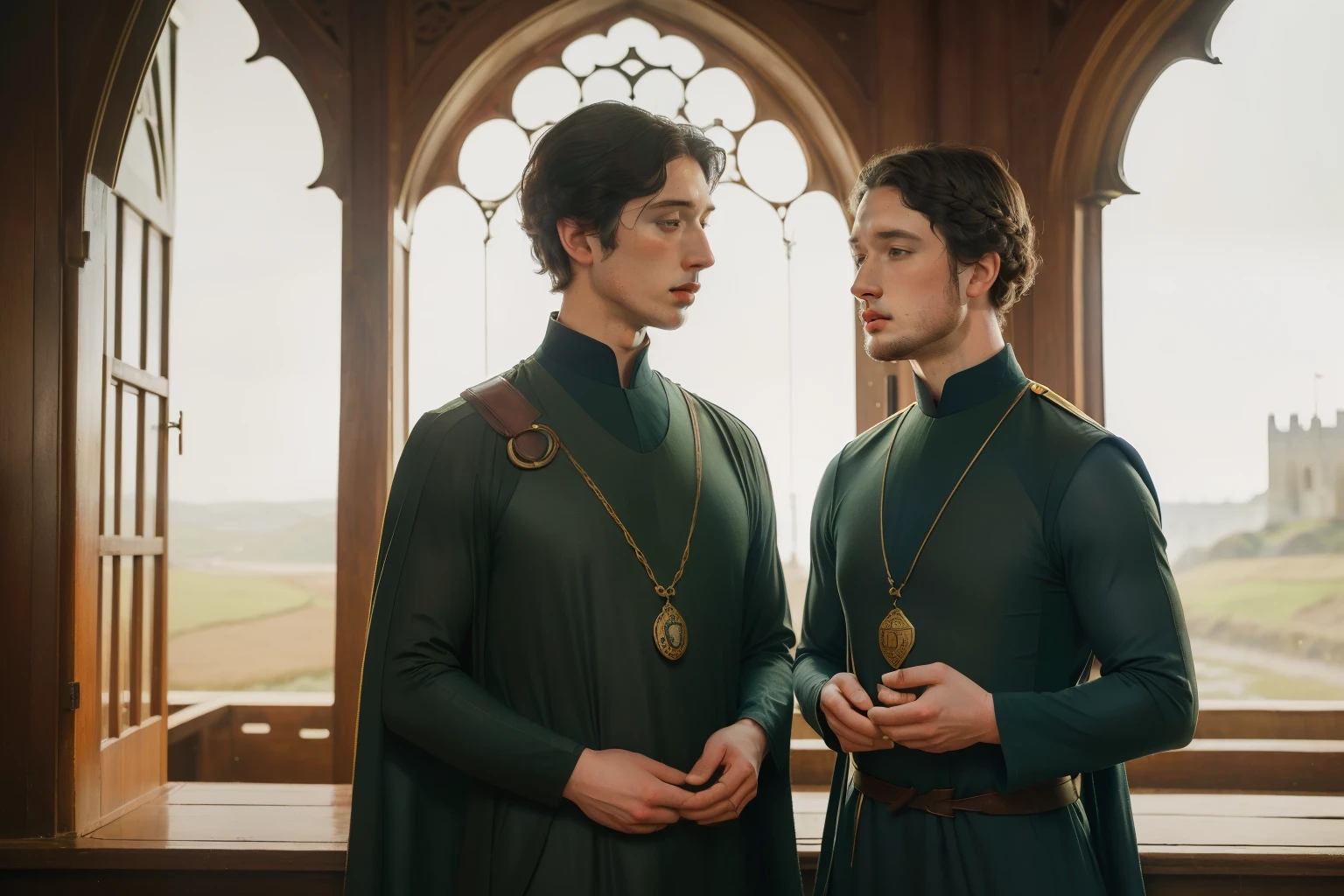 1136, Kingsbridge, England. otherworldly scene in a monastery, ((((27-year-old)) Richard Rankin)), with Adam Driver, monk, conspiring, secrecy, look of truimph, ((((poor plain tunic from the 12th century)))), ((Hairstyle of the 12th century)), ((Wes Anderson cinematic style)), colorful