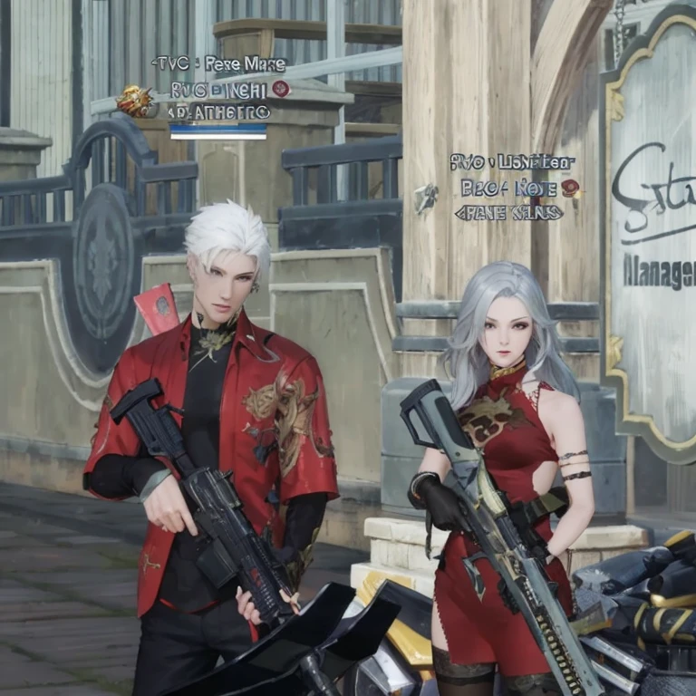 there are two people dressed up in costumes standing next to each other, <mmorpgs scene, 2b, 2 b, hidari and vlop, crimson attire, nixeu and sakimichan, thancred waters in style of wlop, wearing gilded red robes, tranding on pxiv, from ncsoft, ruan jia and brom