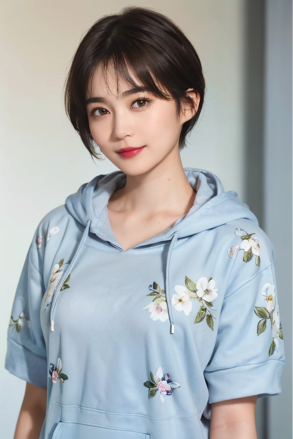 132
(a 20 yo woman,Wearing sportswear), (A hyper-realistic), (high-level image quality), ((beautiful hairstyle 46)), ((short-hair:1.46)), (Gentle smile), (breasted:1.46), (lipsticks), (Large room), (florals), (wearing hoodies)