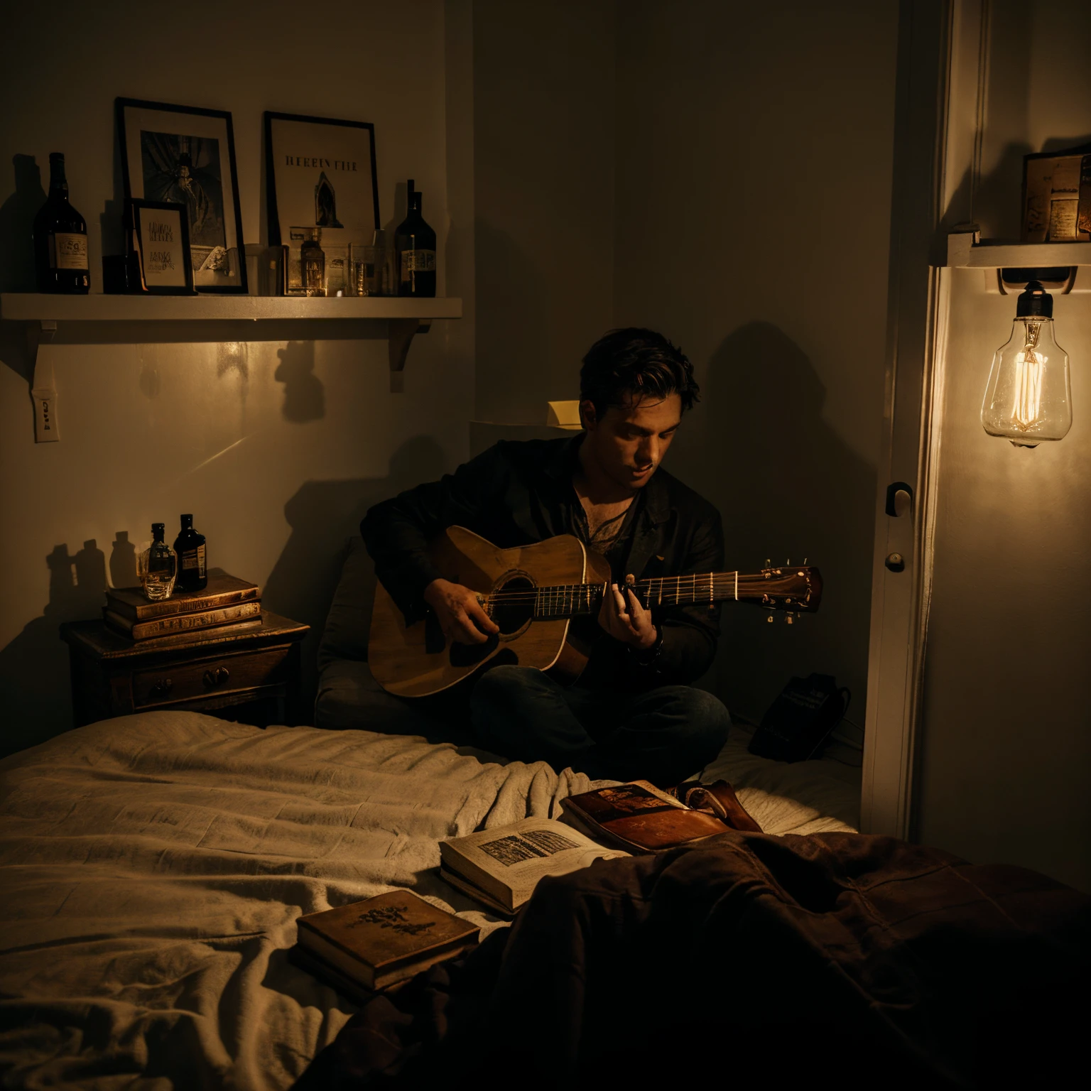 A dark room filled with water. A low light bulb hanging. Some books and whiskey bottle in the corner. Man on a bed holding a guitar.