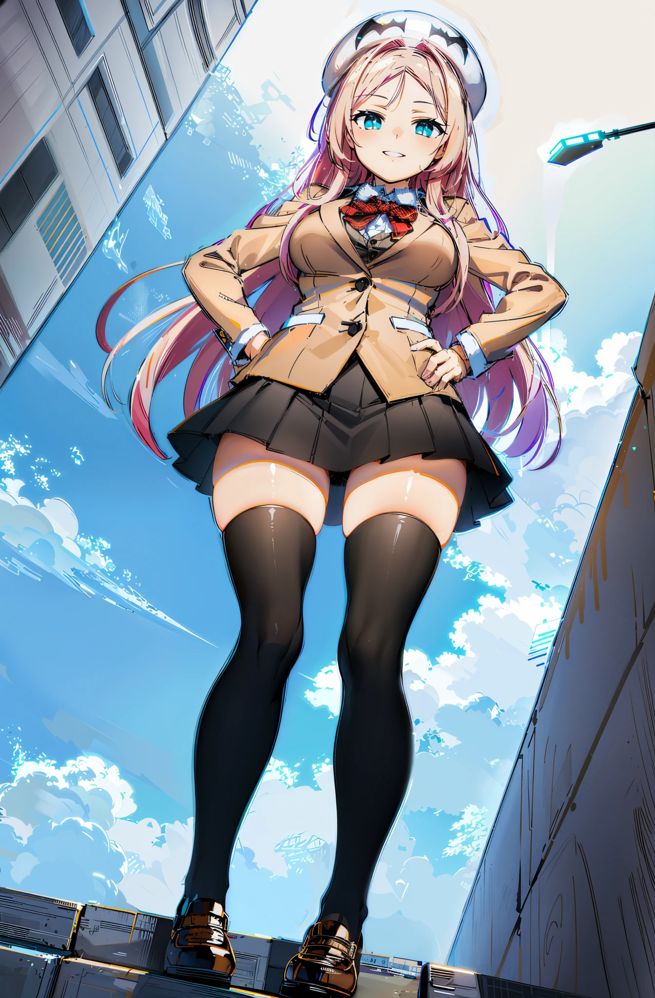 drakoi, 1girl, thighhighs, long hair, pink hair, school uniform, smile, hat, skirt, black thighhighs, large breasts, hand on hip, blazer, bow, fullbody, standing