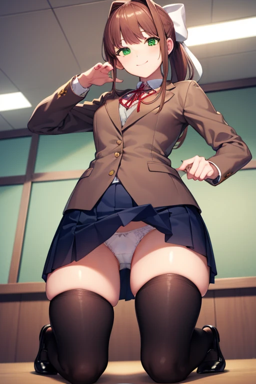 ((full body)), ((full pose)), ddlcmonika, ddlcmonika, blunt bangs, brown hair, (green eyes:1.5), long hair, ponytail, ribbon, white ribbon, hair ribbon, sidelocks, ((wide smile)), 
BREAK black thighhighs, blue skirt, brown jacket, jacket, long sleeves, mary janes, over-kneehighs, pleated skirt, school uniform, (from below:1.5) skirt, thighhighs, zettai ryouiki
BREAK looking at viewer, ((kneeling:1.4)), ((show panties:1.4)), ((white panties:1.4)),
BREAK indoors, classroom,
BREAK (masterpiece:1.2), best quality, high resolution, unity 8k wallpaper, (illustration:0.8), (beautiful detailed eyes:1.6), extremely detailed face, (( detailed eyes)), perfect lighting, extremely detailed CG, (perfect hands, perfect ???????),