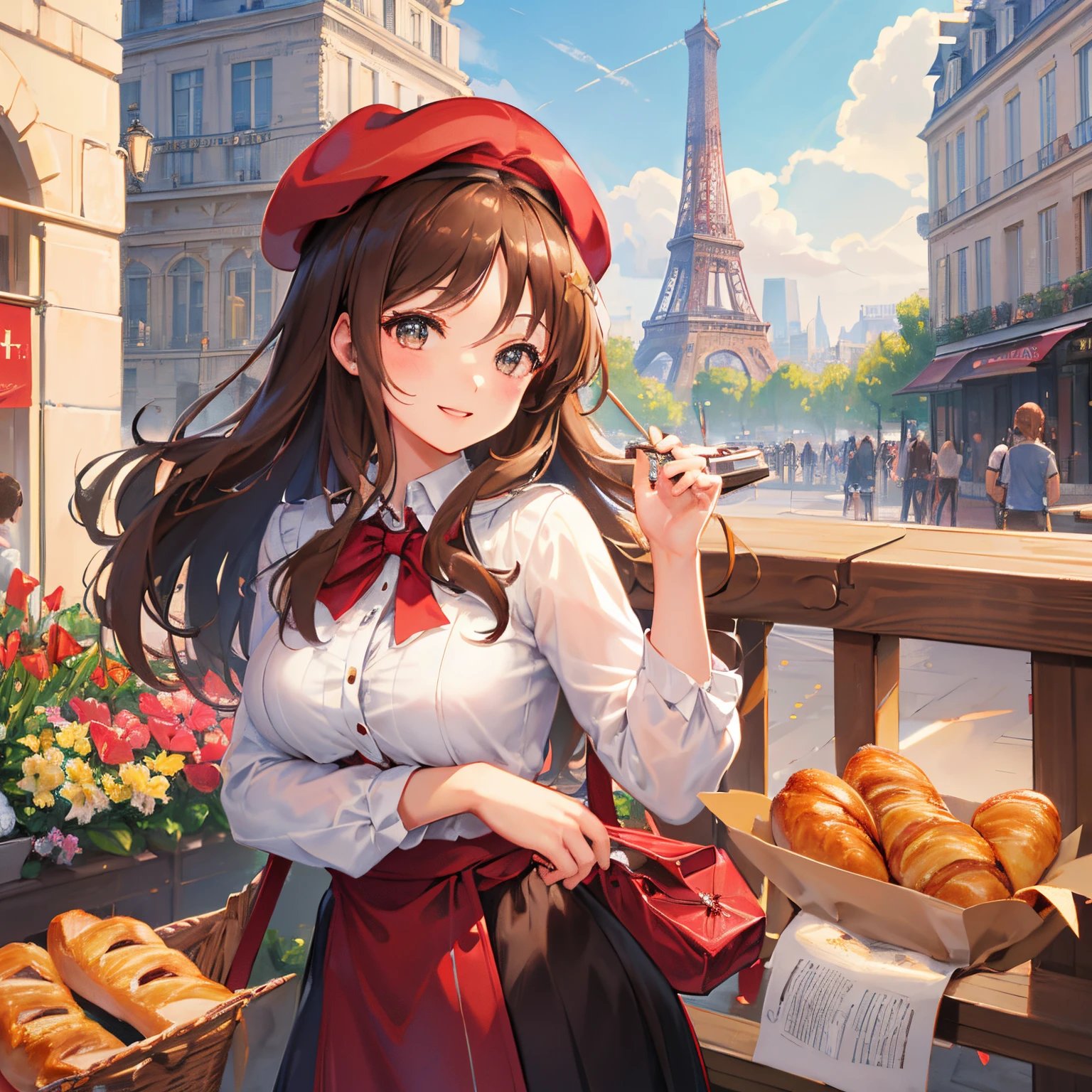 France Tourism、The Eiffel Tower、Kawaii Girl、happily face、Wine and cheese、French national costume、Brown skin、masterpiece、top-quality、Top image quality