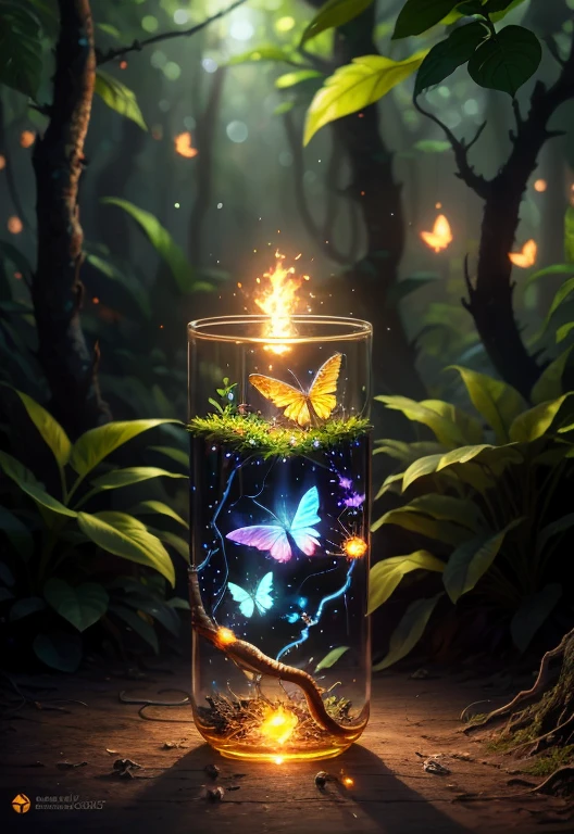 Fantasy in a glass, "ethereal roses, beautiful girls, cute slime animals, glowing little mushrooms surrounded by delicate leaves and branches, and fireflies and glowing particle effects", (natural elements), (jungle theme), (leaves), (branches), (fireflies), butterflies, (delicate leaves), (glow), (particle effects), super realistic, super detailed, dramatic lightning, 4k, masterpiece,