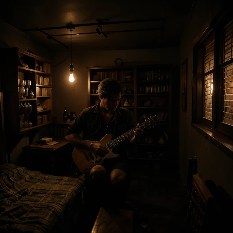 A very old dark room filled with water. A low light bulb hanging. Some books and whiskey bottle in the corner. Man on a bed with his one leg down. Holding a guitar.
