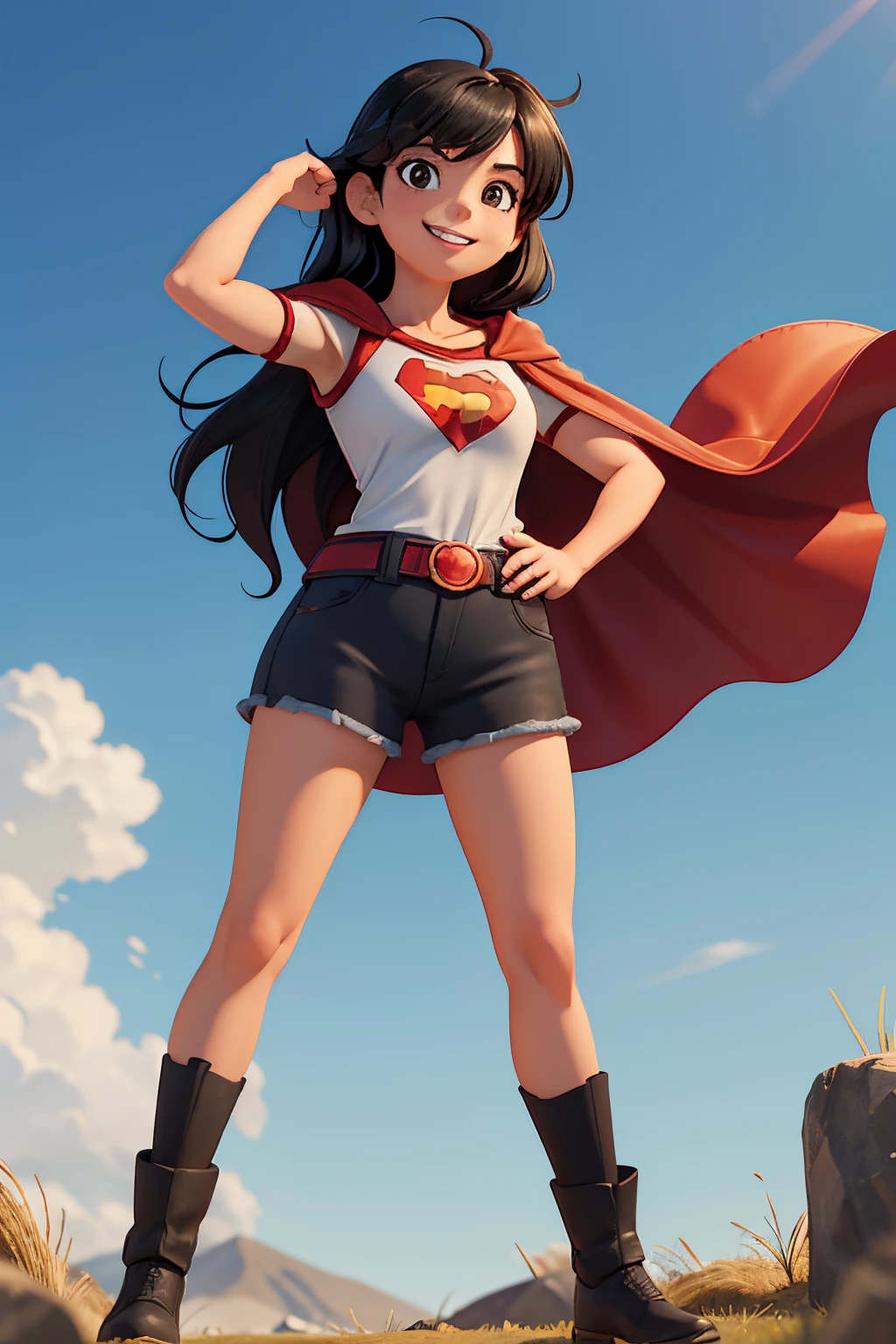 1adult woman, (), solo, cheerful smile, looking at viewer, super hero costume, red cape floating in the wind, blue clean background, upper body, medium length black hair, blurry, (black hair), teeth, parted lips, black eyes hair, square jaws, proud pose, heroic, hands on hips