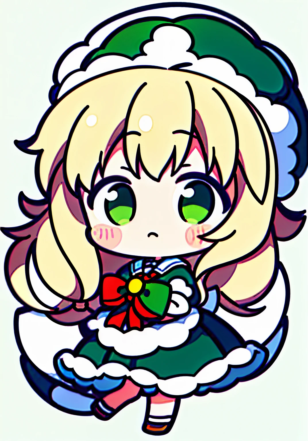 Chibi, full body, white background, solidbackground,  background, high details, UHD, raidenshogundef, blonde long hair, green eyes, pink bow, Santa hat, full body