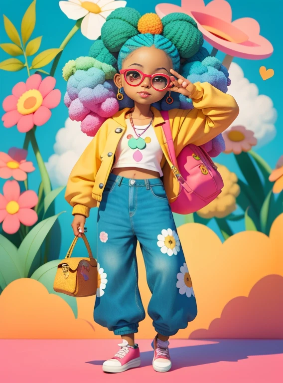 a cartoon girl with glasses, Menina afro-americana, menina elegante afro-americana, mochila roxa, long pants, Muitas bolhas, flor, super bonito funky menina preta, arte digital detalhada bonito, Retrato de uma Lisa Frank, arte digital bonito, arte dos desenhos animados, estilo de arte dos desenhos animados, full-colour illustration, advanced digital chibi art, Cartoon style illustration, painting digital adorable, estilo de arte bonito, Estilo Lisa Frank, personagem bonito dos desenhos animados, flores coloridas