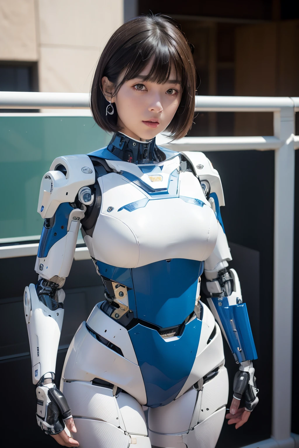 masterpiece, best quality, extremely detailed, Japanese android girl,Plump ,control panels,robot arms,robot,android,cyborg,white robot body,ceramic body,perfect robotgirl,blunt bangs,blue dress,blue eyes