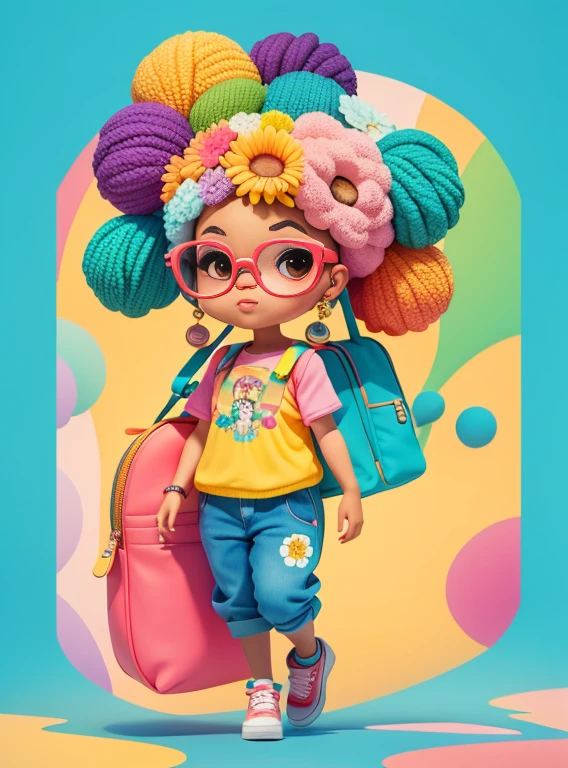 a cartoon girl with glasses, Menina afro-americana, menina elegante afro-americana, mochila roxa, long pants, Muitas bolhas, flor, super bonito funky menina preta, arte digital detalhada bonito, Retrato de uma Lisa Frank, bela arte digital, arte dos desenhos animados, estilo de arte dos desenhos animados, full-colour illustration, advanced digital chibi art, Cartoon style illustration, painting digital adorable, Belo estilo de arte, Estilo Lisa Frank, personagem bonito dos desenhos animados, flores coloridas