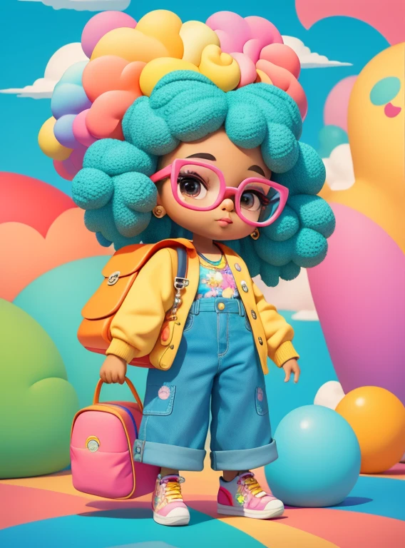 a cartoon girl with glasses, Menina afro-americana, menina elegante afro-americana, mochila roxa, long pants, Muitas bolhas, flor, super bonito funky menina preta, arte digital detalhada bonito, Retrato de uma Lisa Frank, bela arte digital, arte dos desenhos animados, estilo de arte dos desenhos animados, full-colour illustration, advanced digital chibi art, Cartoon style illustration, painting digital adorable, Belo estilo de arte, Estilo Lisa Frank, personagem bonito dos desenhos animados, flores coloridas
