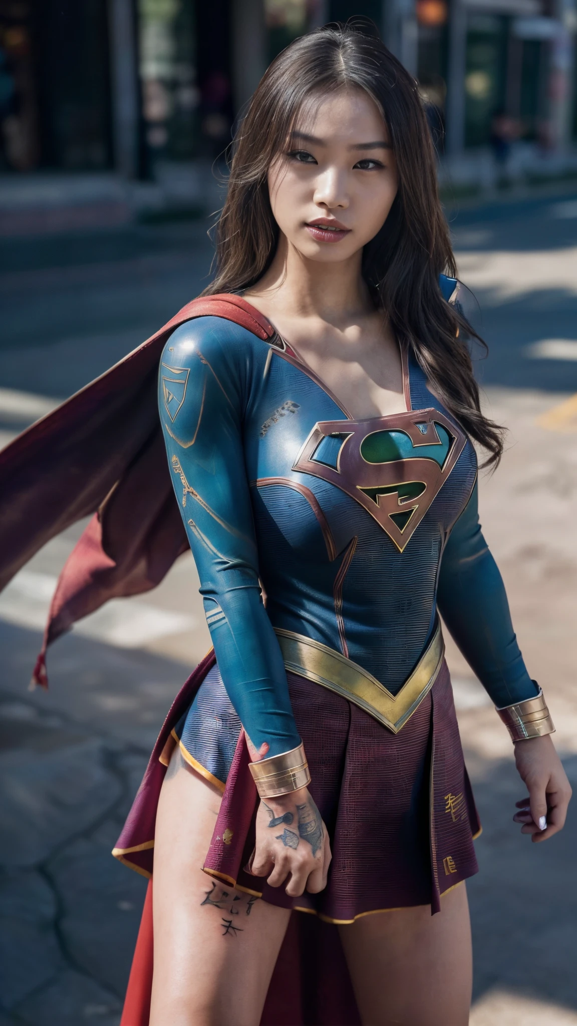 ( photograph of chinese woman as supergirl  ) ( ( full body shot,random shot), (no makeup ) ( tattooed woman)  (insanely realistic detailed skin texture, detailed face) [depth of fields] ((perfect body parts, (hyper photorealistic  ), 85mm, 100mm lens ))