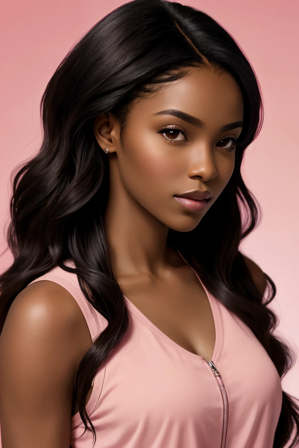 an ultra realistic half body portrait of a dark skinned african american woman wearing hair extensions, with middle part brazilian wavy hair, pink backdrop.