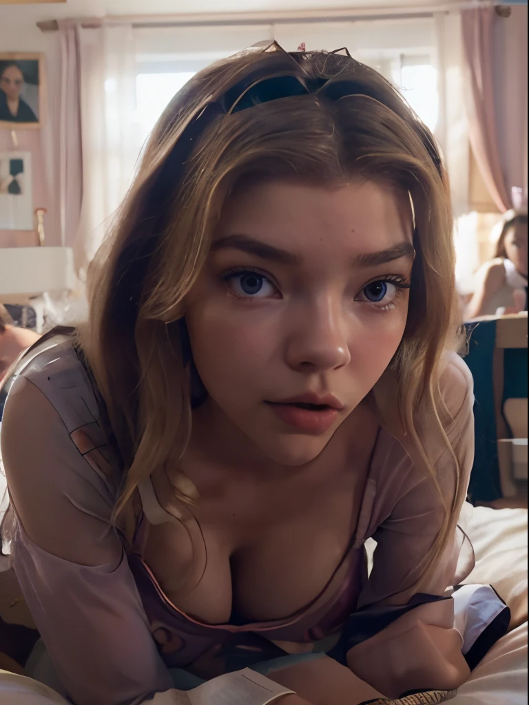 Imagen de cuerpo completo. mujer rubia ojos morado claro (Color #c493c3) vistiendo solo una bata de lencera azul y rosa sin nada debajo, sentada en una cama en diagonal, Diosa rubia, dressed anya taylor - joy, lovely languid princess, anya taylor - joy, Anya Taylor-Joy, Alexa Gracia, Rubia - Princesa de pieles, a stunning young ethereal figure, sydney sweeney, Diosa joven, Betty Cooper, posando en un dormitorio, Reina encantadora, Hermosa Delphine