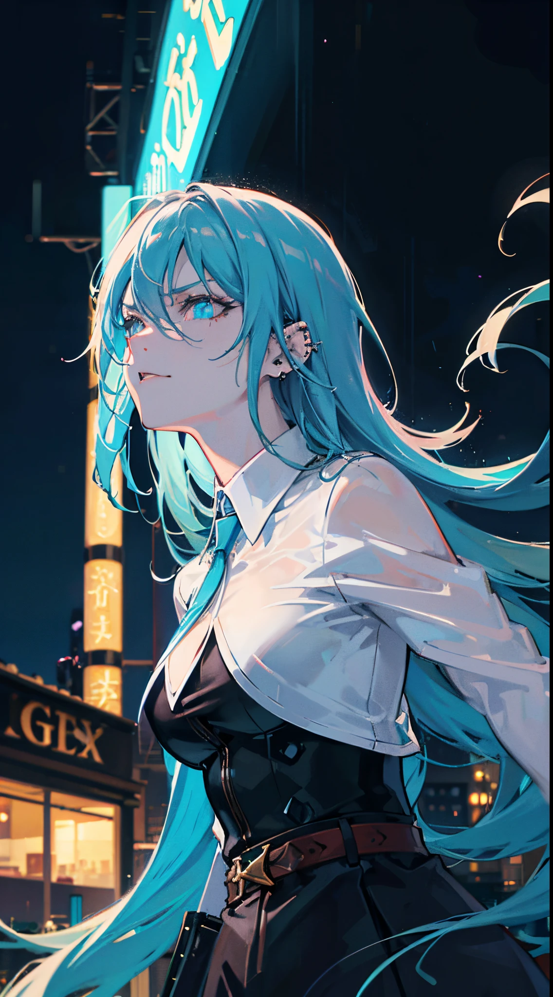 anime women, dark outfit with aqua blue details, white hair, (golden dragon eyes) standing in a rain soaked, city street at night, photorealistic, cinematic lighting (best quality:1.2),ultradetailed,(photorealistic:1.37), neon lights, vivid colors,bokeh,[realistic], angry looking face with smirk on mouth, piercing, ABS, (looking up), ((face piercing)), gaze, 4k, particles in the air, powers, amazing art work full of details