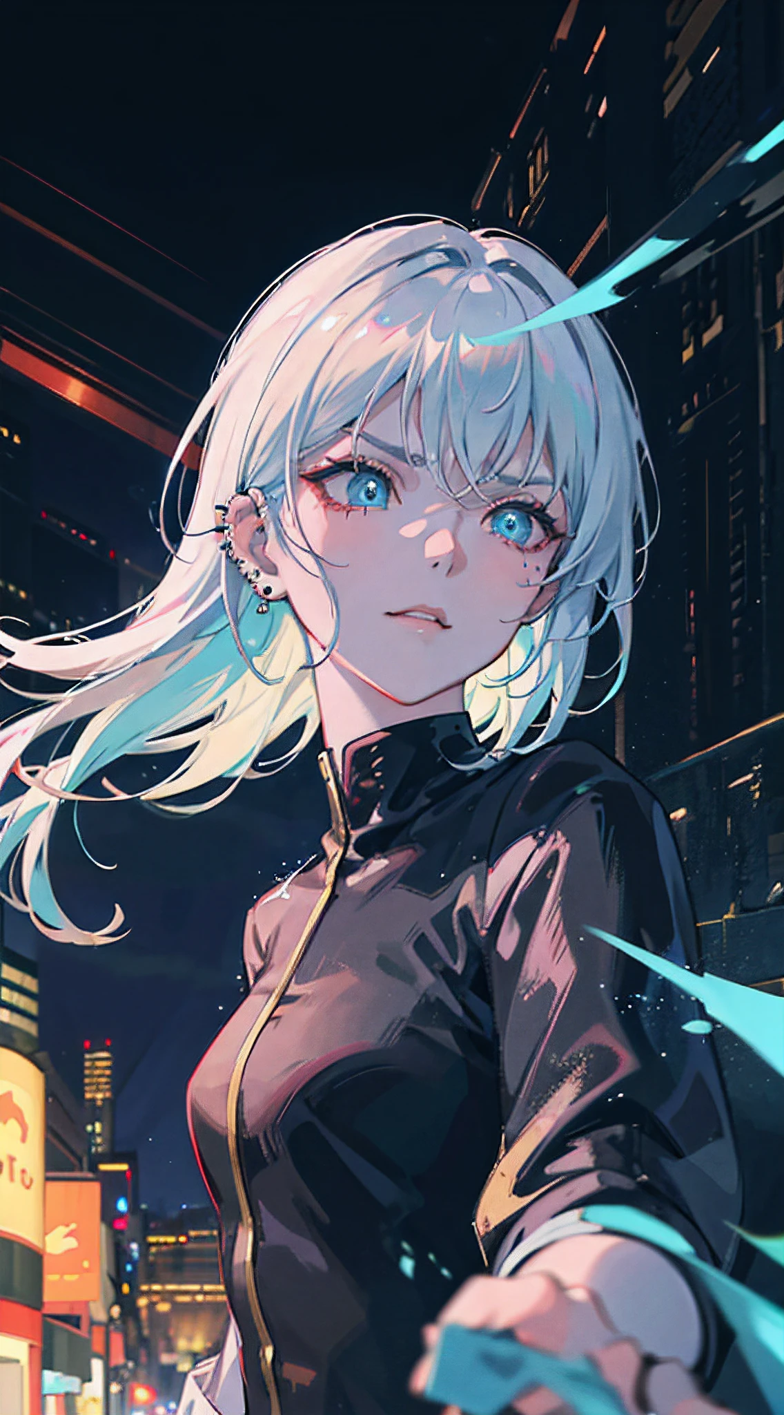 anime women, dark outfit with aqua blue details, white hair, (golden dragon eyes) standing in a rain soaked, city street at night, photorealistic, cinematic lighting (best quality:1.2),ultradetailed,(photorealistic:1.37), neon lights, vivid colors,bokeh,[realistic], angry looking face with smirk on mouth, piercing, ABS, (looking up), ((face piercing)), gaze, 4k, particles in the air, powers, amazing art work full of details