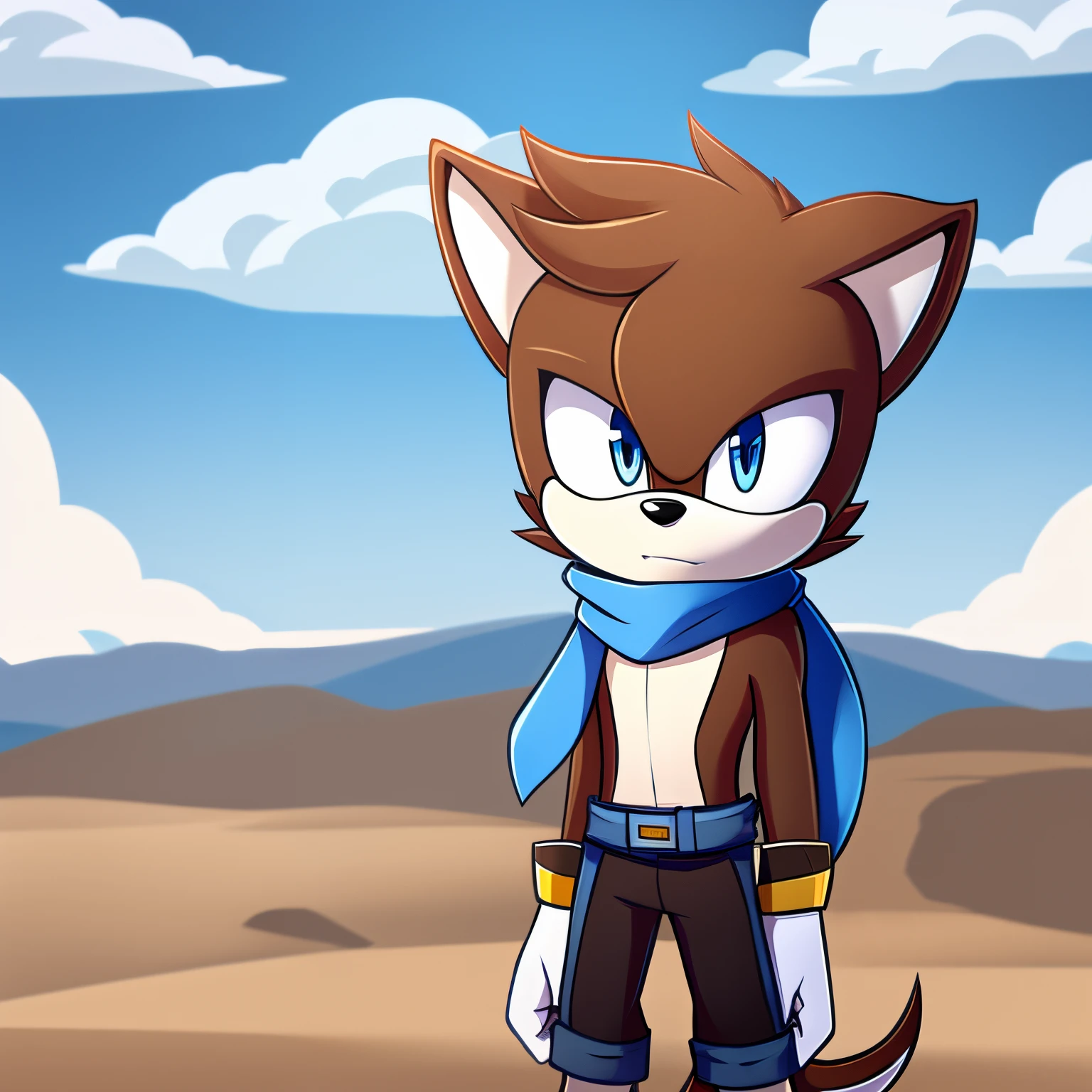 Male, Mobian, Dog, brown fur, light blue scarf, light blue eyes, bright and determined