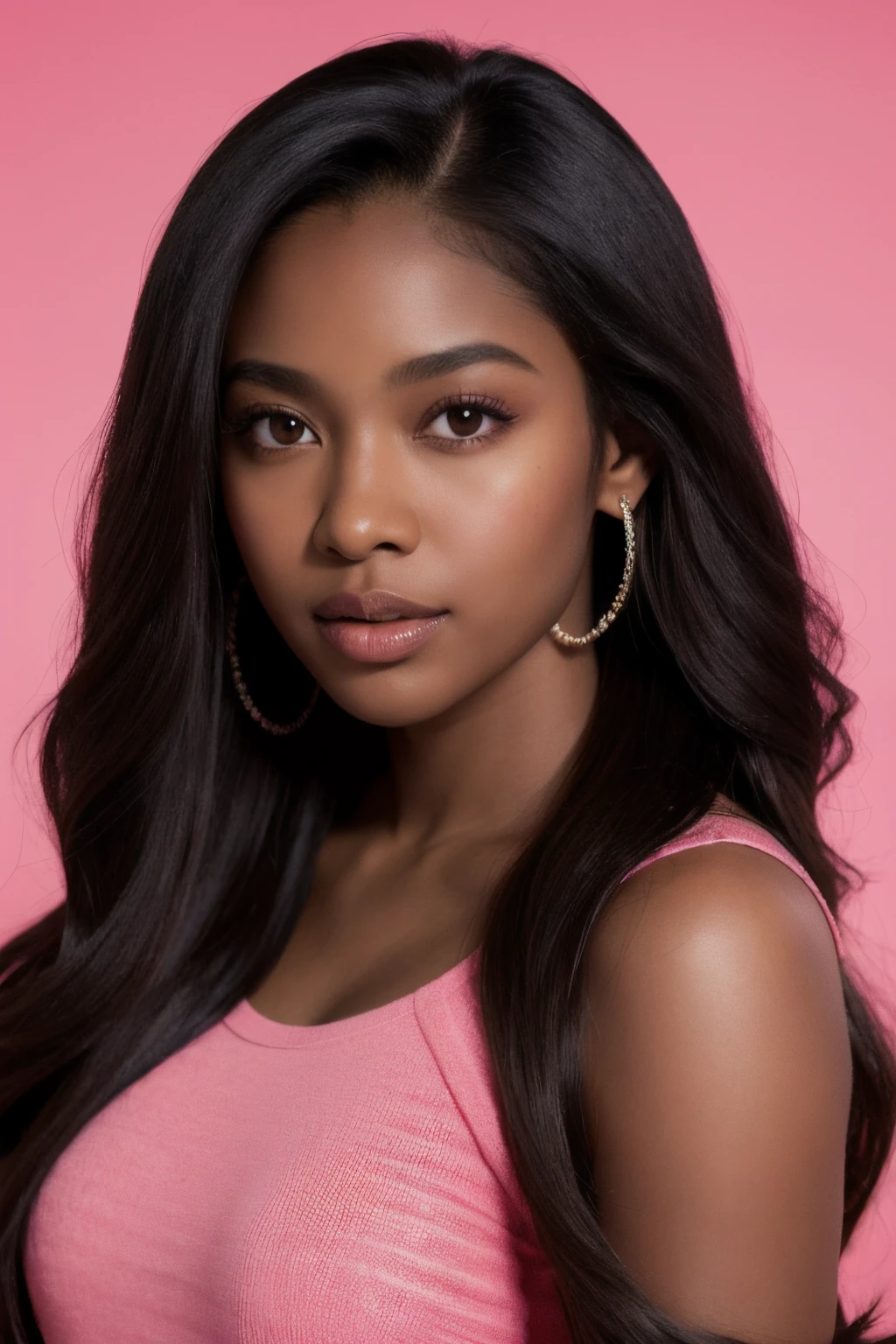 an ultra realistic half body portrait of a dark skinned african american woman wearing hair extensions, with middle part brazilian wavy hair, pink backdrop.