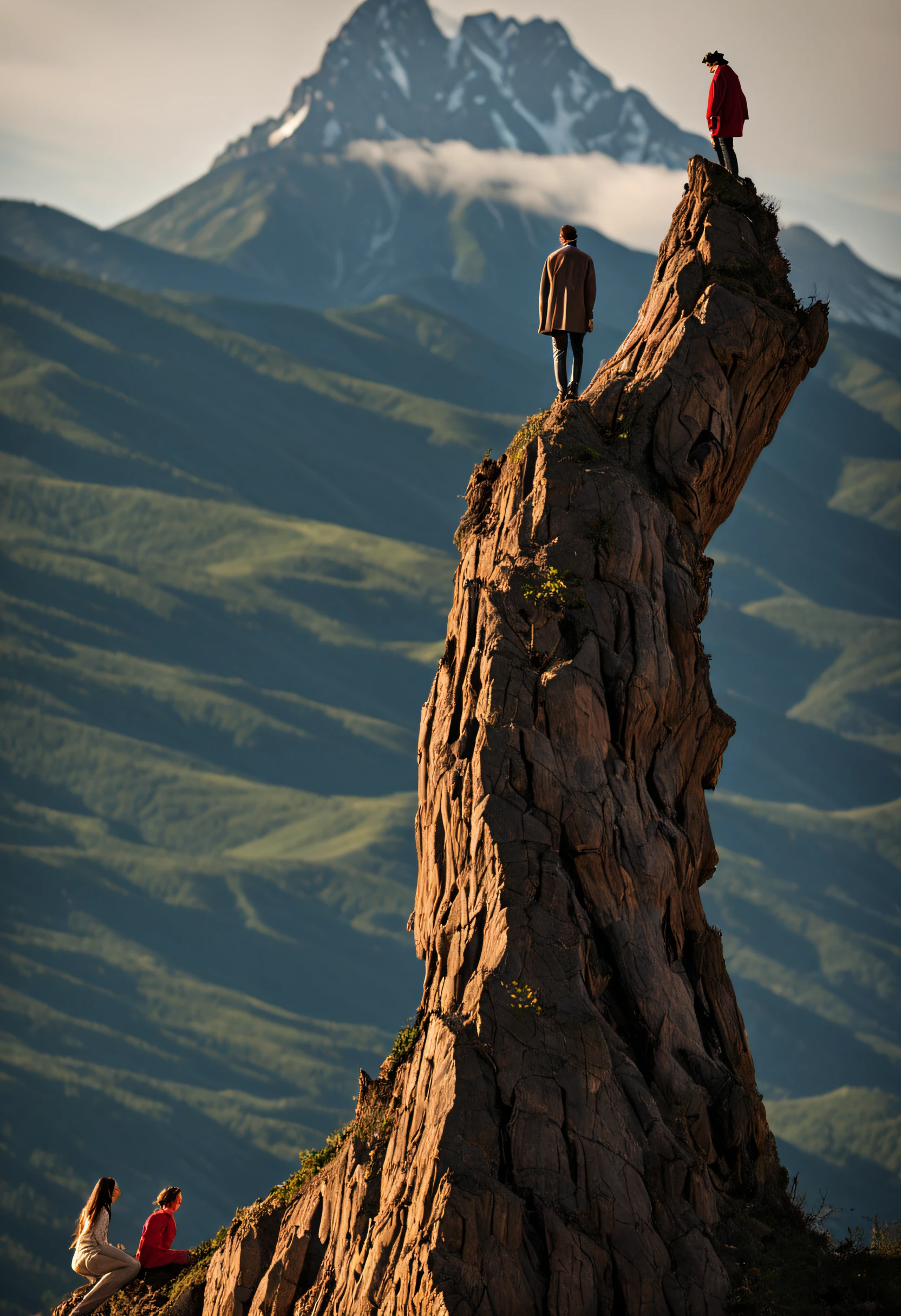 on the left side of the image there is a worried woman on a mountain with the appearance of dry and lifeless soil, a man crossing a tree trunk to get to the right side where there is a mountain with green grass and a shining star on the ground.