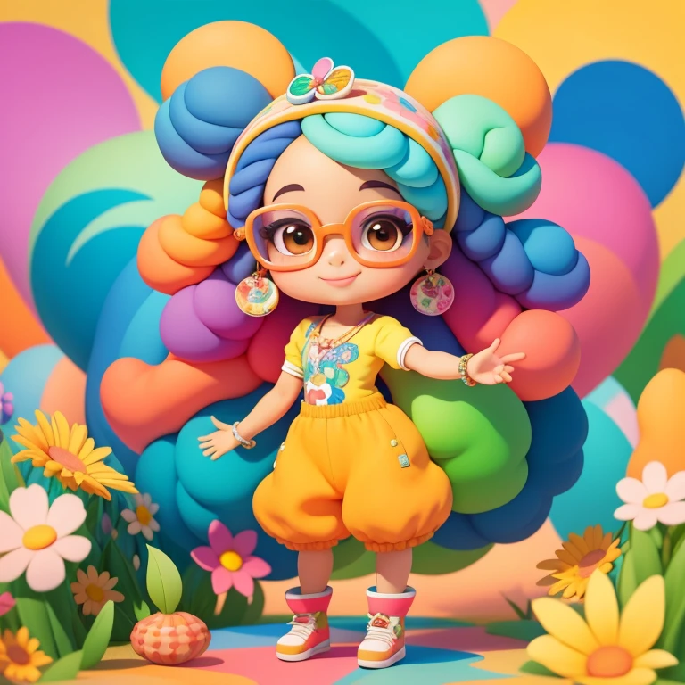 a cartoon girl with glasses smiling,  afro-americana, meninante afro-americana, long pants, Muitas bolhas, flor, super bonito funky menina preta digital detalhada bonito, Retrato de uma Lisa Frank, bela arte digital, arte dos desenhos animados, estilo de arte dos desenhos animados, full-colour illustration, advanced digital chibi art, Cartoon style illustration, painting digital adorable, Belo estilo de arte, Estilo Lisa Frank, personagem bonito dos desenhos animados, flores coloridas