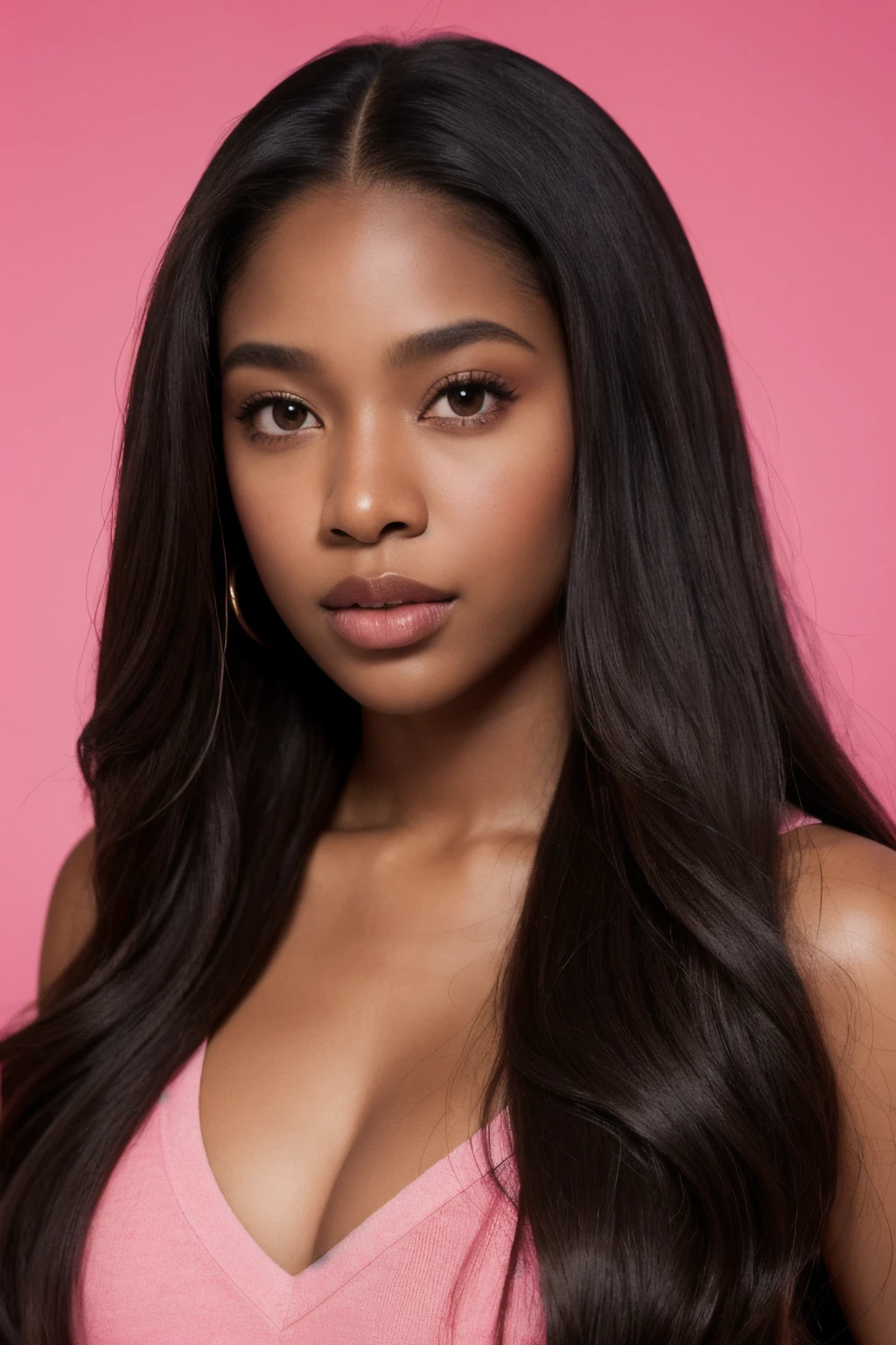 an ultra realistic half body portrait of a dark skinned african american woman wearing hair extensions, with middle part brazilian wavy hair, pink backdrop.