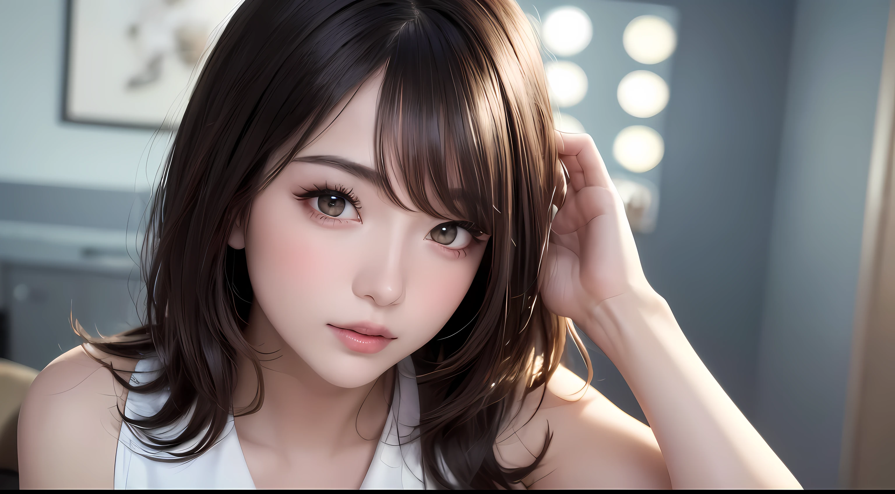 Perfect posture, mix4,(64k, RAW photos, Best quality, tmasterpiece:1.2), (actual, realisticlying:1.37),1 busty girl,Cute big breasts,looking over city, natta, Sateen, Wet, profesional lighting, フォトンマッピング, Radio City, physically-based renderingt,, gradient black colour hair, black hair color hair, Short hair and wavy hair, girl, white ball suit, imagem de qualidade alta, A high resolution, Resolution 3840X2160, (Clear face), (detailed face description), (Detailed description of the hand), (tmasterpiece), (Beautiful CG), Ultimate light and shadow, messy  hair, Number of works, Rich facial feature details), (highest quality picture), (tmasterpiece), (詳細な目),Look forward with your eyes,fine collar bone,(Huge big breasts), (squatting pose), (highest hyper realistic:1.3), (top chart), (Highest resolution), (extremely detaile), (Best Best Illustration), (beautiful detailed eyes), (hyper-high detail), (highest masterpiece), (Wallpapers), (Ultra-high detail face), (Tightens abs), (Real photo super photo) , (Red or white skin), (Best quality), (((1 girl))), (hyper realisitc, photo-hyper-realistic:1.37), (ultra - detailed), (Cute big breasts), (Alone), (ssmile:1.15), (close your mouth) , (beautiful detailed eyes), (((Whitening Skin))), (white skinned), (brightened skin), (pretty skin), (Refreshes skin), (Real photo super photo), (Best quality), (( Bigchest: 1.2)), (比基尼: 1.1), (Highly Detailed Face and Skin Textur), (Fine Eye), (Very realistic), (portrait of 20 years old), (perfect beautiful) (Face details), (Cute face), (pretty eyes), (Perfect eye details), (perfect anatomia), (extreamly cute), (64k resolution), (Human hands), (Elegant), (detailed hairstyles), (photo-hyper-realistic), (RAW photos:1.2), (Best quality), (超A high resolution), (((1 girl))), (Medium hair),, (ultra - detailed), (hyper HD :1.4), (uhek :1.4) , (ardila artis ardila artis)