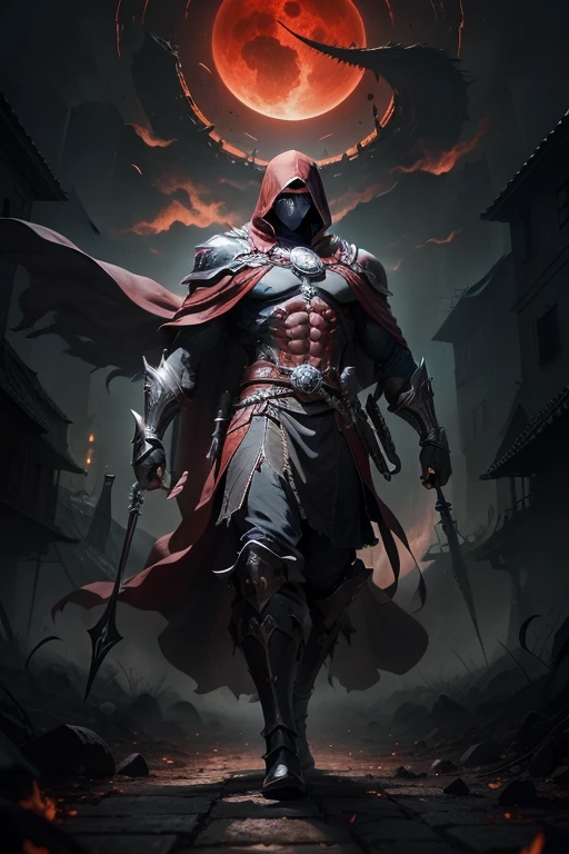 Ultra-detalhado CG unidade 8k master part, best quality, HDR, Tall, sinister dark assassin wearing a metal mask with bright red eyes of dark and light armor with a discreet red cape behind with sharp daggers in his arms walking into a burning village, Shredder standing tall and imposing, surrounded by his loyal soldiers, red studio lighting, Post-processing, 8K resolution, fundo escuro, imponente, Fotos meticulosamente compostas, impressionante, fantasia sombria