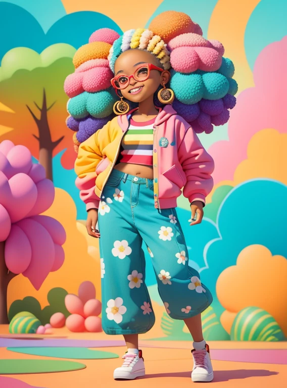 a cartoon girl with glasses smiling, Menina afro-americana, menina elegante afro-americana, long pants, Muitas bolhas, flor, super bonito funky menina preta, arte digital detalhada bonito, Retrato de uma Lisa Frank, bela arte digital, arte dos desenhos animados, estilo de arte dos desenhos animados, full-colour illustration, advanced digital chibi art, Cartoon style illustration, painting digital adorable, Belo estilo de arte, Estilo Lisa Frank, personagem bonito dos desenhos animados, flores coloridas