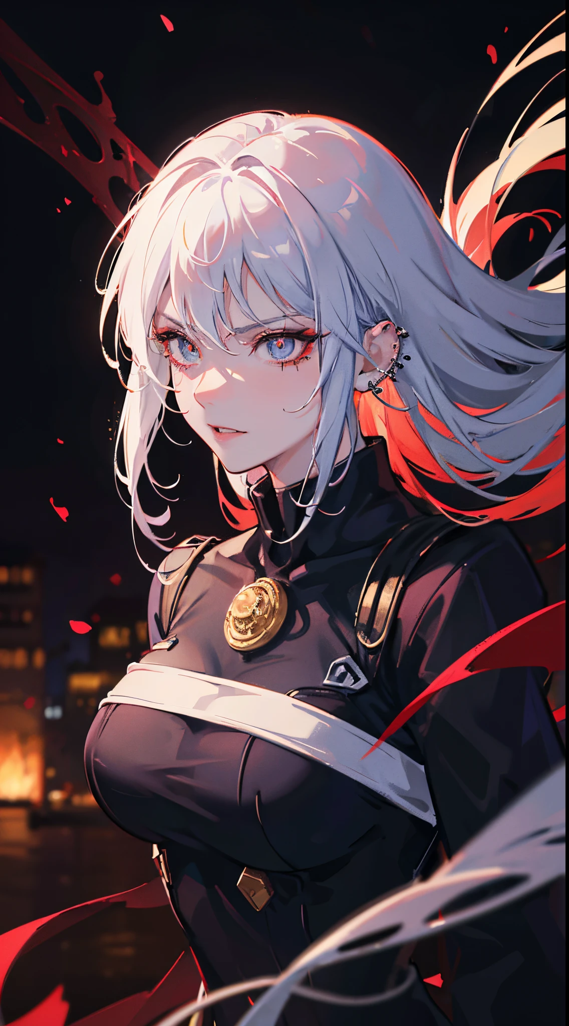 anime women, dark outfit with red and blue details, white hair, (golden dragon eyes) standing in a rain soaked, city street at night, photorealistic, cinematic lighting (best quality:1.2),ultradetailed,(photorealistic:1.37), neon lights, vivid colors,bokeh,[realistic], angry looking face with smirk on mouth, piercing, ABS, (looking up), ((face piercing)), gaze, 4k, particles in the air, powers, amazing art work full of details