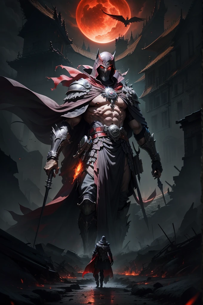 Ultra-detalhado CG unidade 8k master part, best quality, HDR, Tall, sinister dark assassin wearing a metal mask with bright red eyes of dark and light armor with a discreet red cape behind with sharp daggers in his arms walking into a burning village, Shredder standing tall and imposing, surrounded by his loyal soldiers, red studio lighting, Post-processing, 8K resolution, fundo escuro, imponente, Fotos meticulosamente compostas, impressionante, fantasia sombria