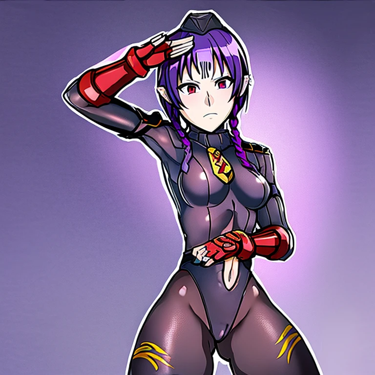 Masterpiece, Best Quality, Highly detailed, illustration, absurdres, street fighter, warriors orochi, da ji, red eyes, doll suit, shadaloo doll, nazi saluting, military, military saluting, salute, violet-hair, 1 girl, solo, expressionless, emotionless eyes, looking at viewer, red gloves, emotionless, black latex, corrution, zofa suit, zofa soldier, mind control, female combatant, full body, hypnotized, standing, standing at attention, unhappy trance, full body suit,