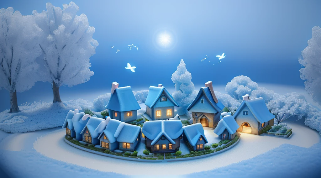 (Best quality,4K,8K,A high resolution,tmasterpiece:1.2),ultra - detailed,(Super cute 3D round little blue bird，Light blue and white fairy tale village)，There are little bluebirds everywhere，fei，Flock of Birds，super adorable