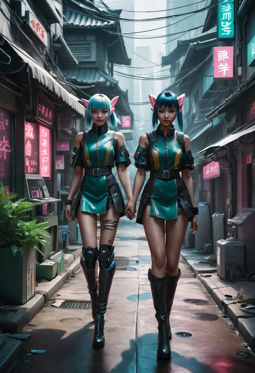a cyber cafe beside a city street, Two cyberpunk Asian Elf girls walk hand in hand