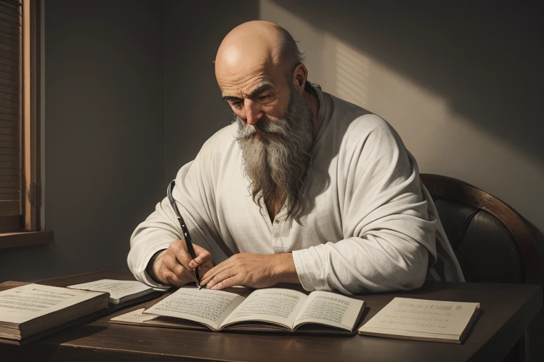 clear face of a man writing with a gray beard and bald head, roupas negras, , entrevista foco, mesa velha, alcohol, livro, janela aberta, ethereal light, palpitation, torpor, cadence, maldade, ultra-definition, obra prima, cortina velha