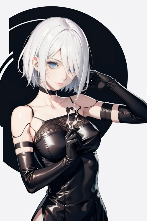 yorha type a no. 2, bare shoulders, medium breasts, upper body, blue eyes, eyes visible through hair, mole under mouth, 1girl, armlet, android, looking at viewer, white background, joints, white hair, gloves, closed mouth, hair over one eye, solo, black gloves, mole, hair between eyes, collarbone, simple background, short hair, elbow gloves, ((cum on clothes))