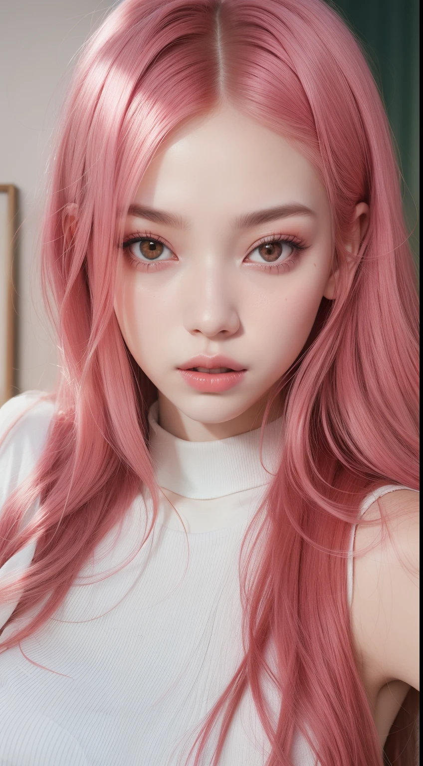 um close de uma mulher com longos cabelos rosa e uma blusa branca, com cabelo rosa, Parque Roseanne do Blackpink, flowing pink hair, tom de pele rosa pastel, cabelo liso rosa, jossi do blackpink, cabelo rosa, cabelo rosa claro, cabelos coloridos de aurora, tonalidade rosa, long flowing pink hair, pale red, cabelo rosa wispy, inspirado em Yanjun Cheng