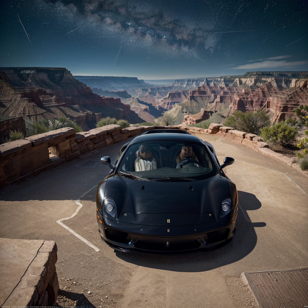 (masterpiece:1.2,best quality,extremely detailed,8K wallpaper:1.2),2002 Ferrari Enzo on display in the Grand Canyon with a captivating starry night sky