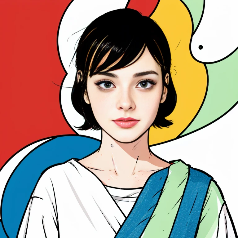 closeup professional photograph of a young woman wrapped in a colorful warm quilt, cel shading, bold outlines, flat colors, sharp shadows, graphic style, (manga influence:1.3), clean linework, striking visuals,comic