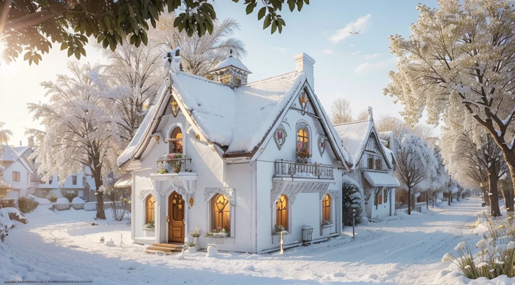 (Best quality at best,4K,A high resolution,tmasterpiece:1.2),all white tone，ultra - detailed,White Rabbit Village,cute big breasts,White Rabbit&#39;s House,whimsical village,fairytale atmosphere,adorable rabbit,storybook setting,fantasy themed,furry bunny,tranquil ambiance,Charming cottage,storybook illustrations,gentlesoftlighting,Naughty rabbit,magical ambiance,Smiling rabbit,warm sunlight,a joyful atmosphere,serene environment,Fantastic environment