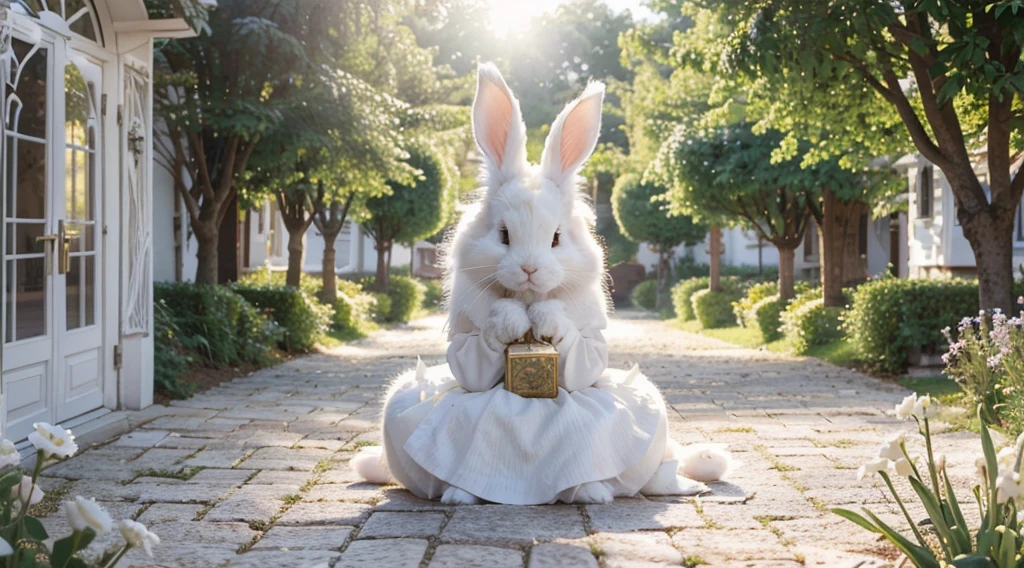 (Best quality at best,4K,A high resolution,tmasterpiece:1.2),all white tone，ultra - detailed,White Rabbit Village,cute big breasts,White Rabbit&#39;s House,whimsical village,fairytale atmosphere,adorable rabbit,storybook setting,fantasy themed,furry bunny,tranquil ambiance,Charming cottage,storybook illustrations,gentlesoftlighting,Naughty rabbit,magical ambiance,Smiling rabbit,warm sunlight,a joyful atmosphere,serene environment,Fantastic environment