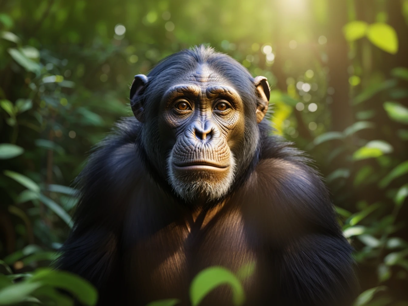 portrait of chimpanzee in the forest, global illumination, ray traching, HDR, realistic rendering, rational design, cinematic lighting, correct ???????, Anatomically correct and precise facial structure, detailed facial depiction